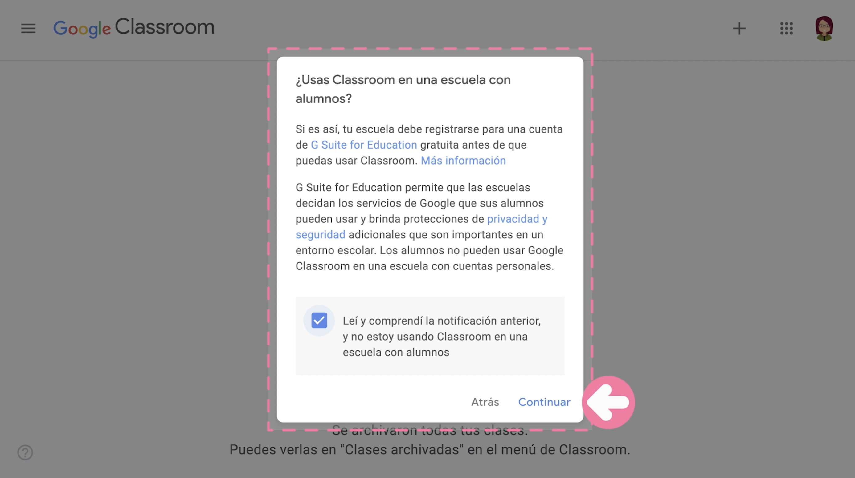 Cuadro de certificación tipo de cuenta en Google Classroom